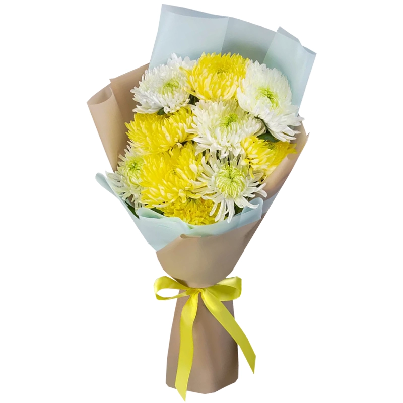 Букет из 9 желтых и белых одноголовых хризантем
